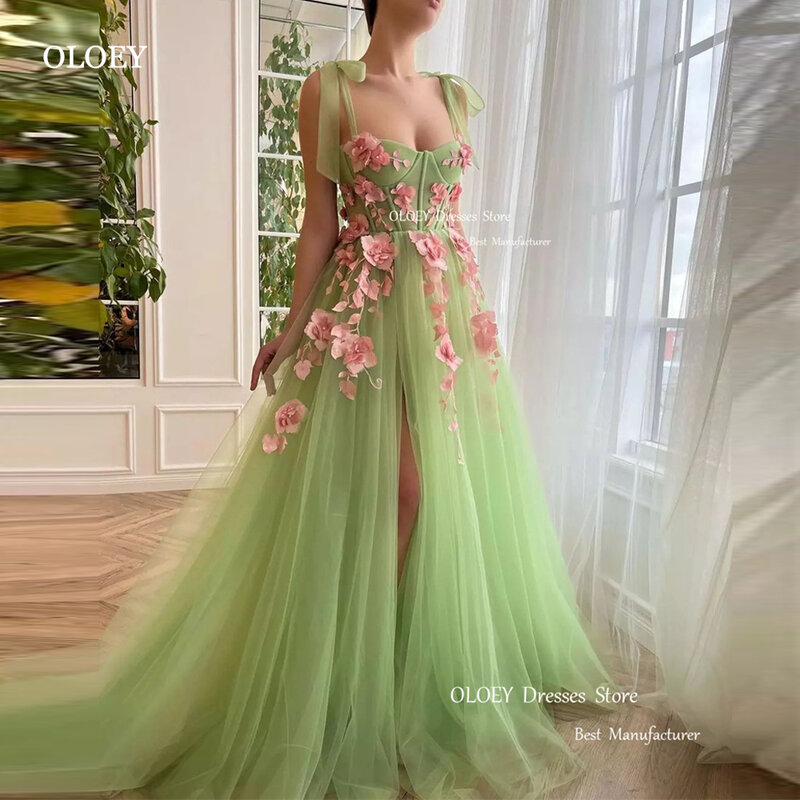 OLOEY wróżka elegancka jasnozielona tiulowa długie sukienki balowe 2023 paski Spaghetti pluć trybony imprezowe formalne suknie wieczorowe przedsionek