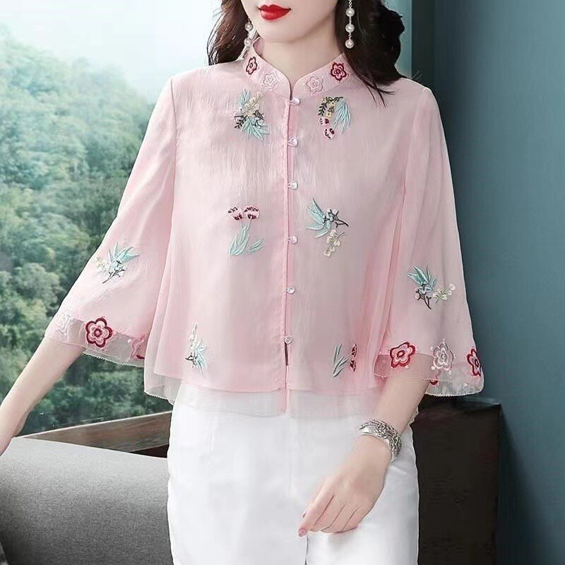 ชุดจีนเสื้อสตรี2023เสื้อเบลาส์สตรีสีเขียวสีชมพูเสื้อเบลาส์ปักลายสไตล์วินเทจแขนยาวลำลอง