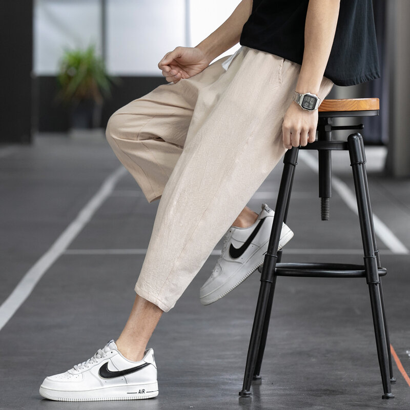 2024 Summer New Casual Pants Men's Versatile Cotton and Hemp Loose Korean Trendy Capris Harem Pants Men