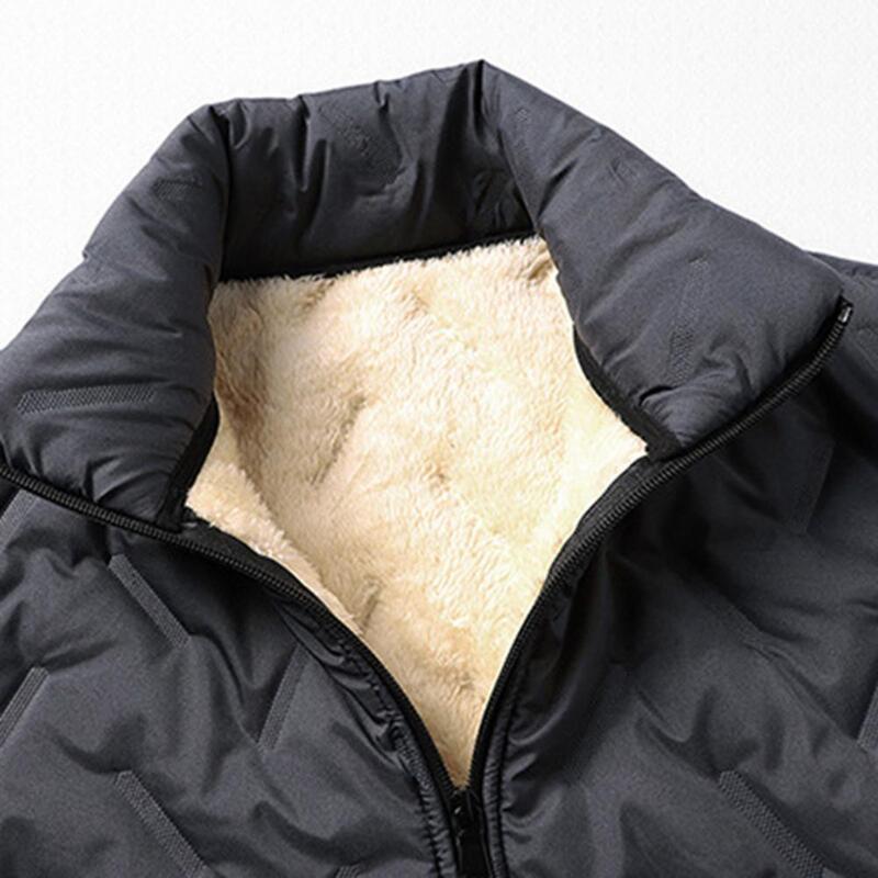 Windproof meados comprimento Stand colarinho jaqueta masculina, estofamento de pelúcia grossa, fechamento do zíper, resistente ao vento, inverno e outono
