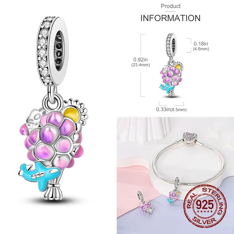 925 Sterling Silver Pink Colour Series Charms  flowers Butterfly Fit Original Pandora Bracelet Plata Charms For Women DIY Party