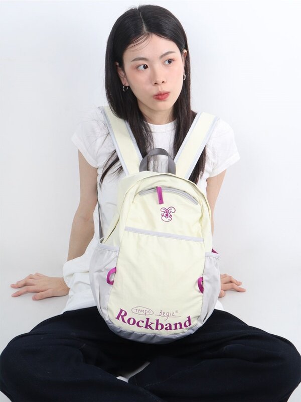 Lightweight Nylon Contrast Color Rabbit Letters Backpack Casual Big Capacity Schoolbag Handbag Student Leisure Travel Backpack