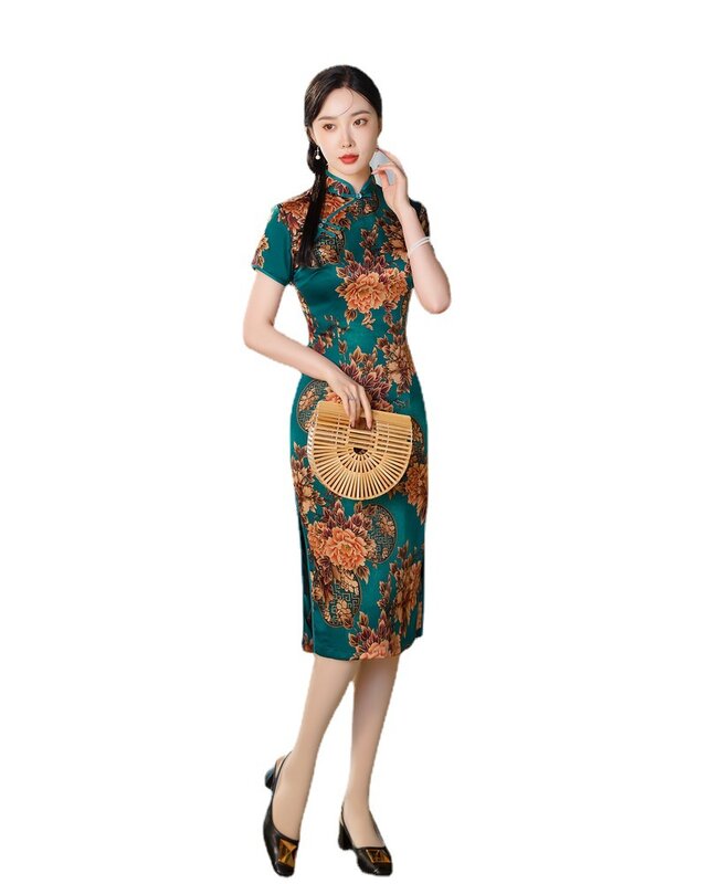 Elegant Women Satin High Split Qipao Slim Short Sleeve Long Dress New Chinese Mandarin Collar Floral Print Cheongsam Vestidos