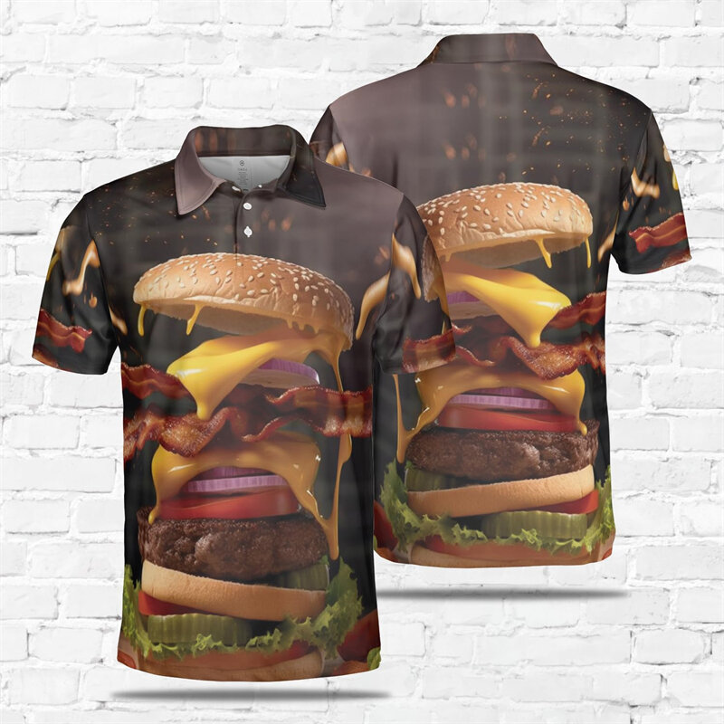 Рубашка-поло мужская с 3D-принтом вкусной еды, модная дизайнерская рубашка-поло в стиле Харадзюку с коротким рукавом, топ с лапшой, гамбургером, пиццей