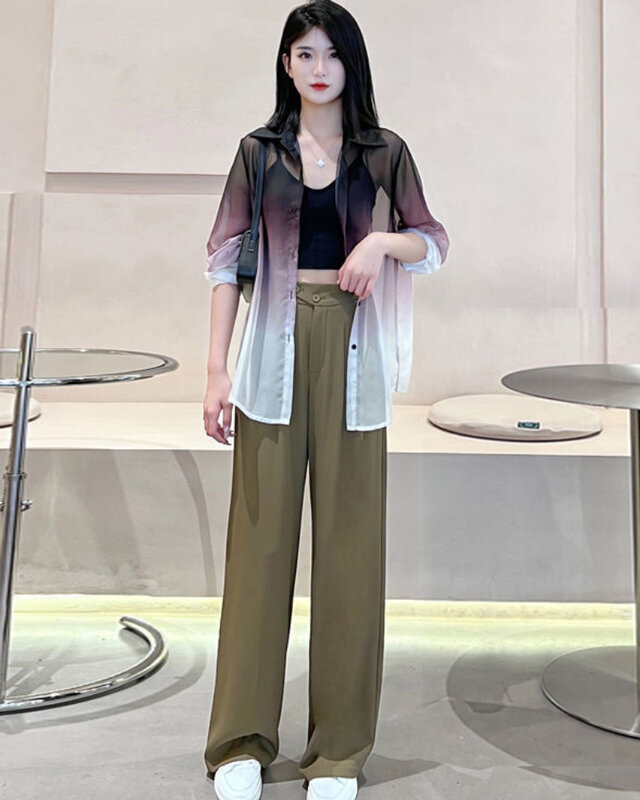 Fashion Suit damski 2023 wiosenny i letni nowy luźny i ze stopniową zmianą z długimi rękawami koszula z filtrem przeciwsłonecznym Casual Pants dwuczęściowy zestaw