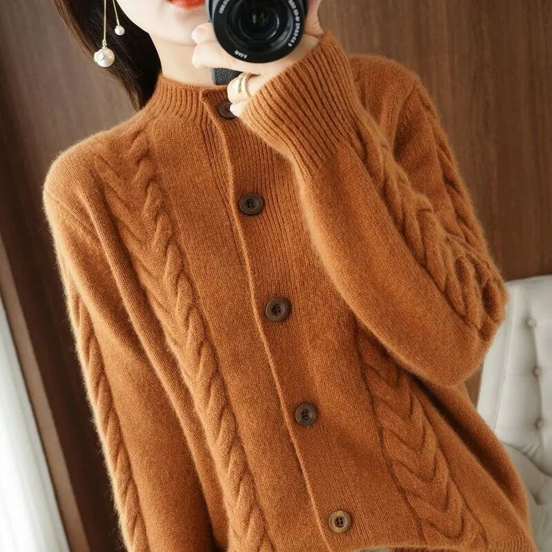 Half High Collar Twists Knitted Cardigan Autumn And Winter High-End Casual Loose Versatile Long Sleeved Base Sweater For Women