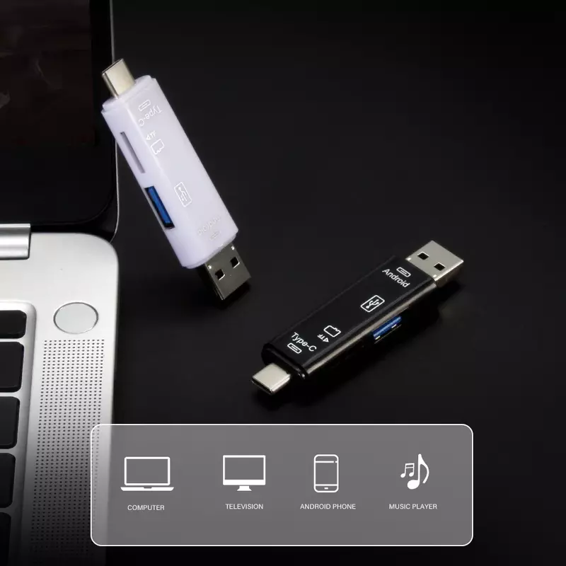 Leitor de Cartão Multifunções Tipo-C, Preto Stretch para Memory Stick, Mini Memory Card Reader, Armazenamento Externo, USB 3.0, 5 em 1