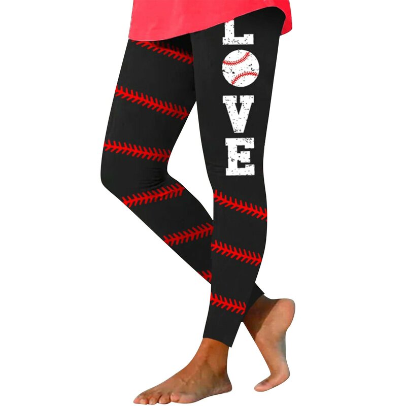 Calças de ioga de cintura alta feminina, leggings estiramento feminino, algodão com bolsos, estampa de beisebol, calças de ginástica, casa