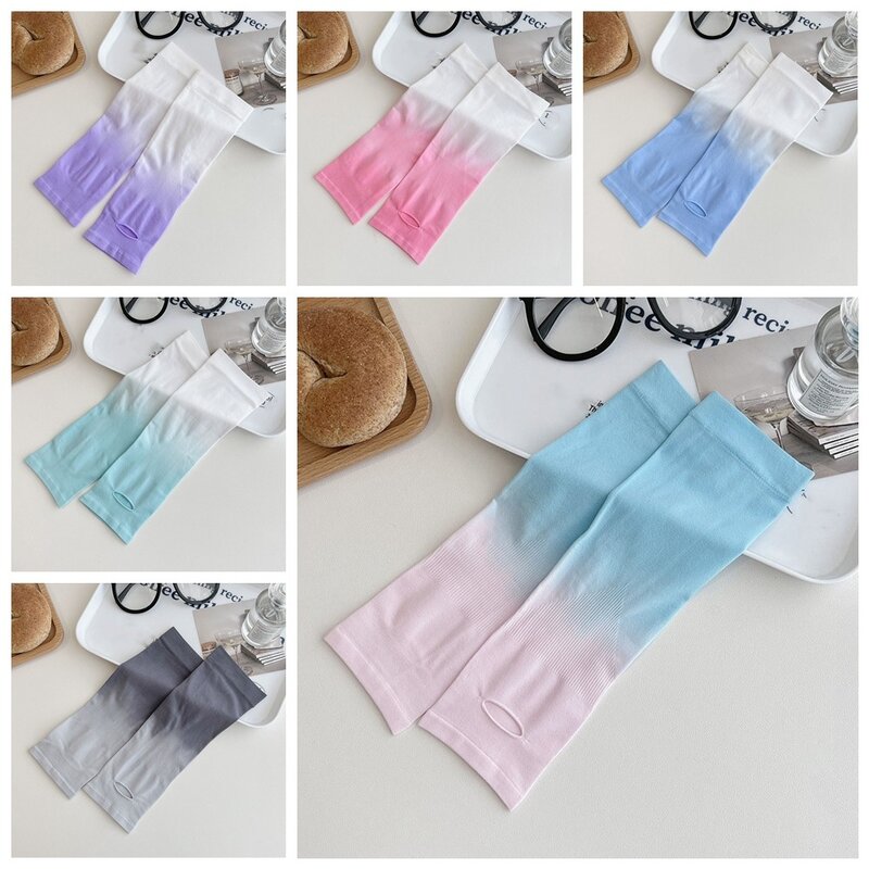 Polyester Ice Silk Arm Sleeves Elastic Finger Hole Sun Protection Arm Cover Cool Spandex Gradient Color Sleeve Beach