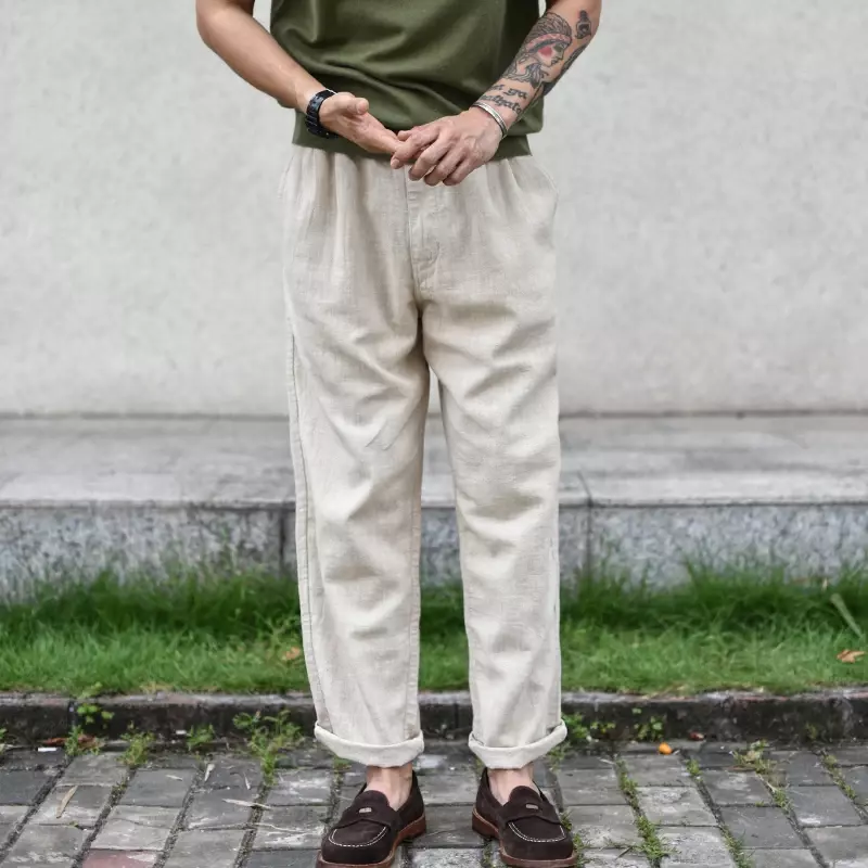 Sauce Zhan กางเกงผ้าลินินผู้ชาย, กางเกงลำลองระบายอากาศได้ยาวถึงข้อเท้าทรงหลวมพอดีกับขาเรียว