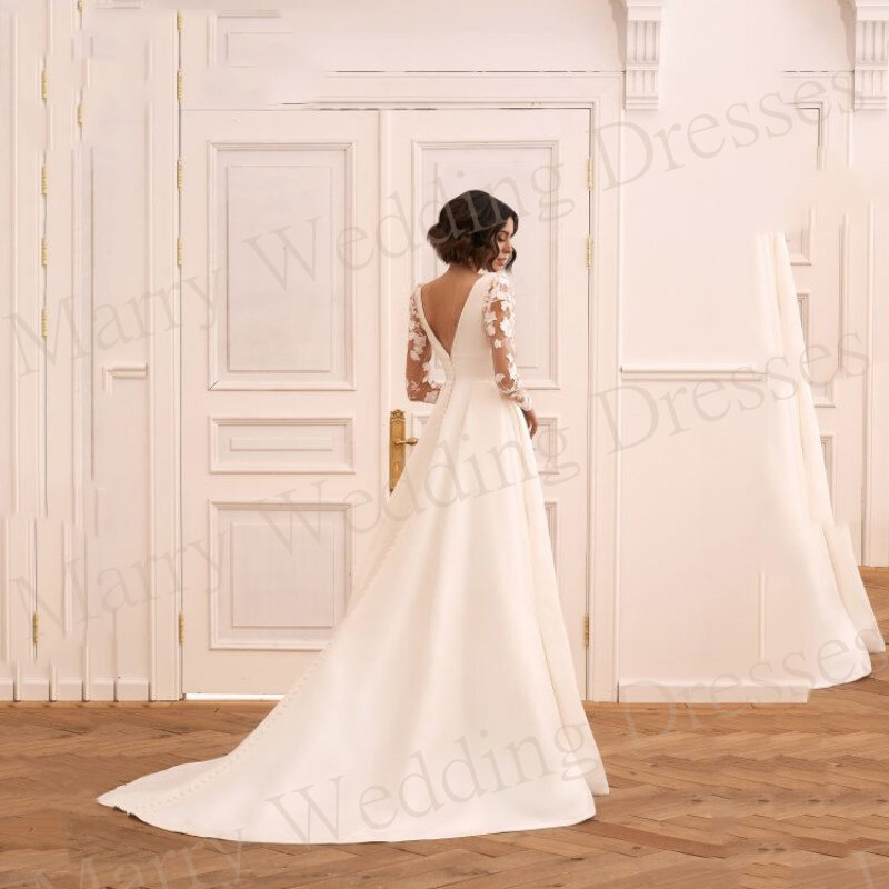 Modern Modest Satin A Line Wedding Dresses Long Sleeve Lace Appliques Bride Gowns Sexy Deep V Neck Backless Vestidos Novias Boda