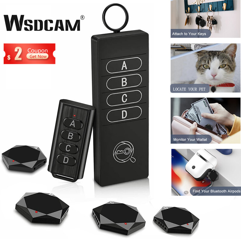 WSDCAM 무선 키 파인더, 애완 동물 GPS 추적기, 키 로케이터, 원격 제어, 1 RF 송신기, 4 수신기, 165ft 작동 범위, 85dB
