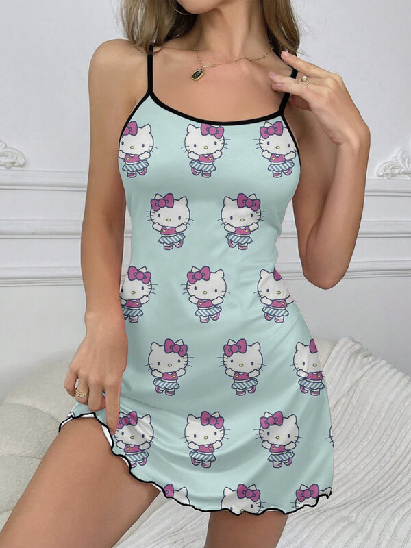 Vestido corto de satén con estampado de Hello Kitty para mujer, minivestido elegante de cuello redondo con falda de pijama y ribete de lechuga, a la moda para verano, 2024