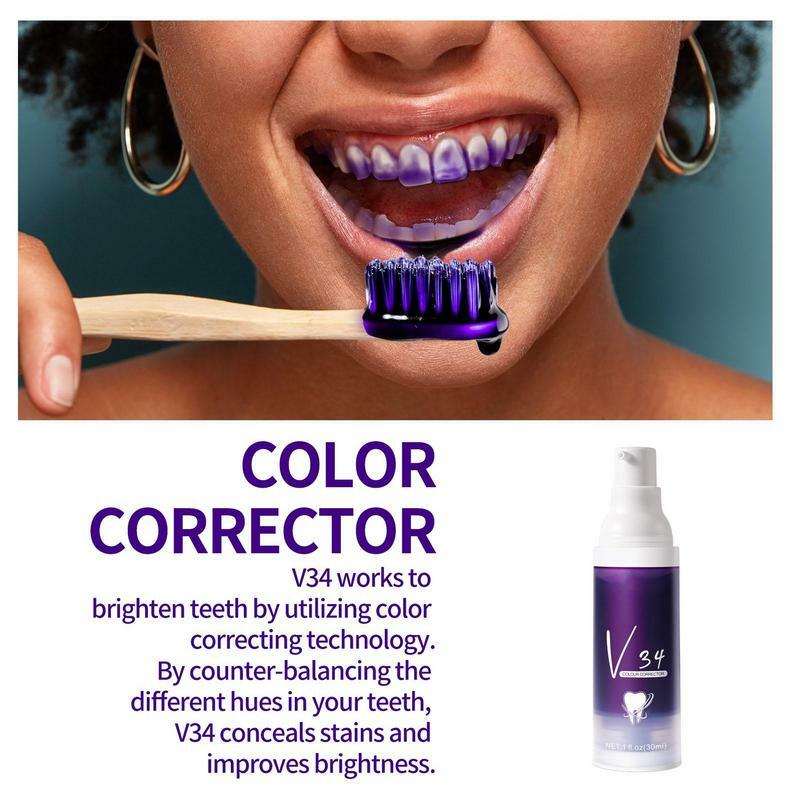 Pasta de dientes blanqueadora púrpura, Corrector de brillo de Color, pasta de dientes, eliminación de manchas intensivas, Reduce el amarillo