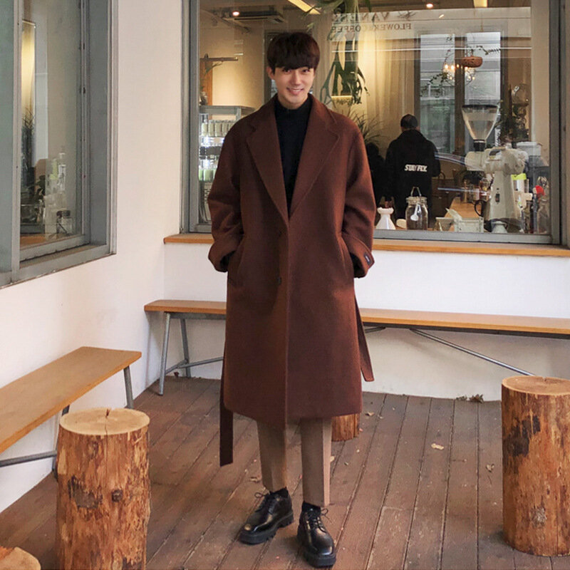 韓国-メンズウールコート,厚手の冬服,中程度の長さ,トレンチコート,冬の用途の広いコート