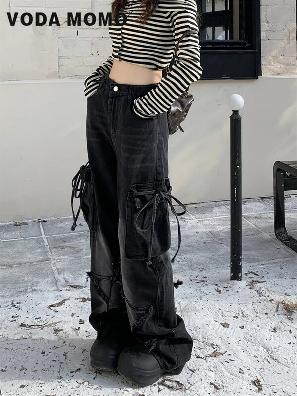 Женские Модные Простые уличные брюки 2024, повседневные готические брюки Y2k, уличная одежда в стиле ретро, базовые джинсы с широкими штанинами