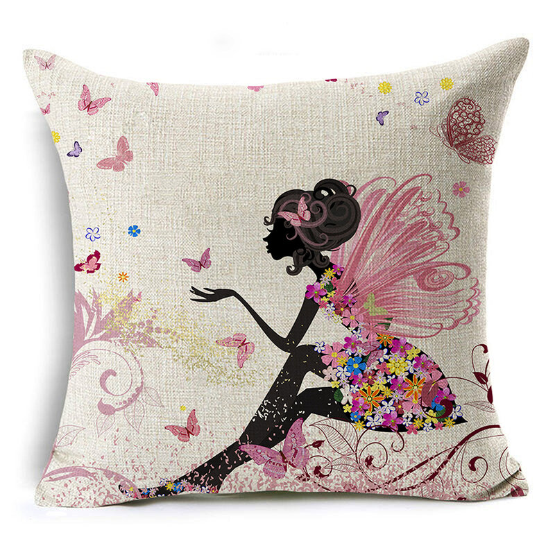 Fairy & Flower-funda de cojín de lino, cubierta decorativa para almohada, sofá, cama, 45x45cm