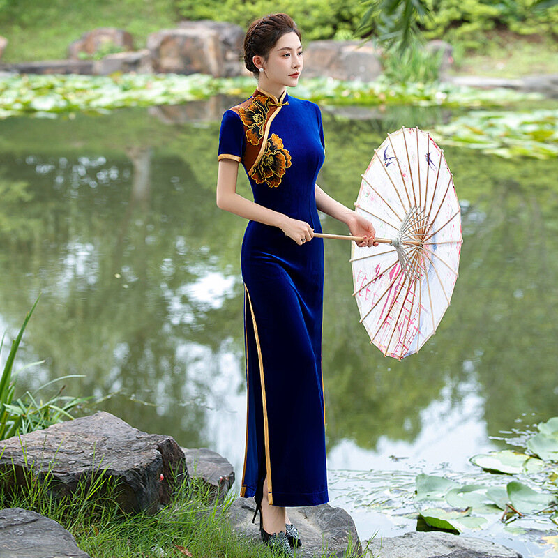 Plus rozmiar 5XL Qipao Vintage kobiety Cheongsam w stylu chińskim tradycyjna suknia wieczorowa elegancka welurowa Vestidos kobieta Qipaos