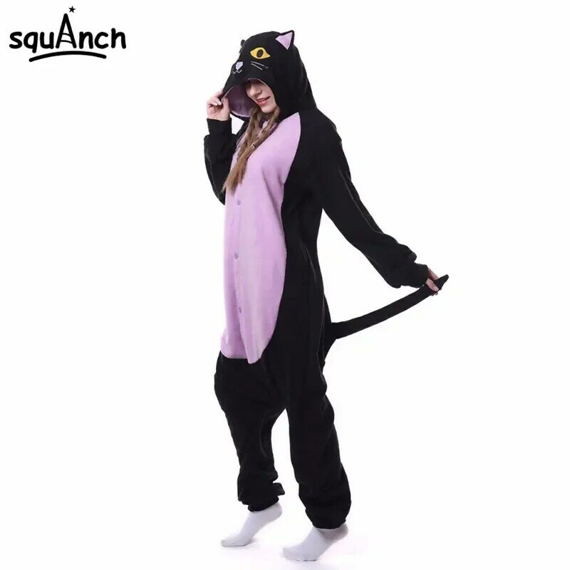 Animal Black Cat Onesie Belly Kigurumis Adult Women Fantasy One Piece Jumpsuit Polar Fleece Loose Cute Pajama Winter Sleep Suit