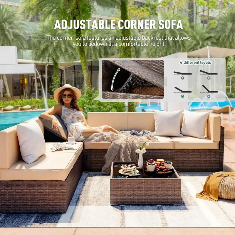 Set furnitur teras, 7 buah bagian Modular luar ruangan, Sofa anyaman teras, Set percakapan rotan dengan meja kopi