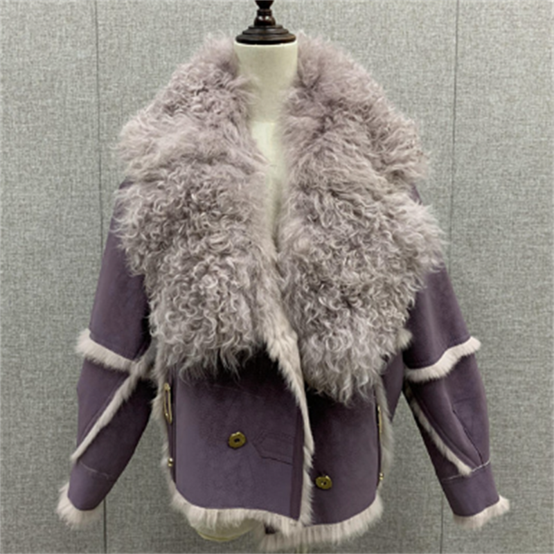 Abrigo de piel de conejo con cuello de lana para mujer, Chaqueta corta de moda, otoño e invierno, nuevo