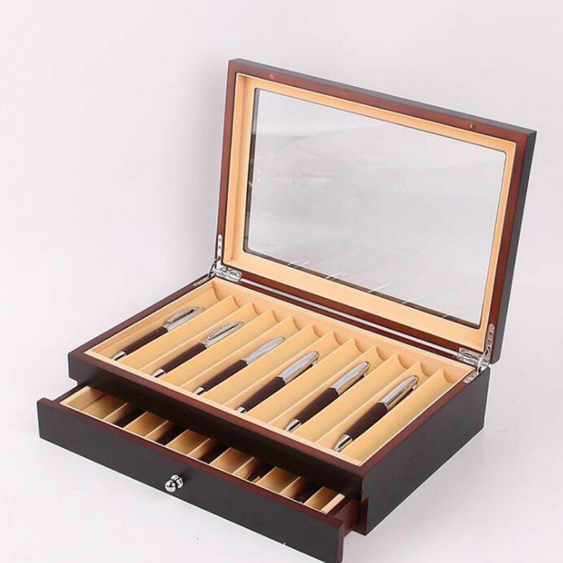 Estuche de almacenamiento de exhibición de pluma de madera negra/burdeos, caja organizadora de colector de pluma estilográfica con ventana transparente, 23 bolígrafos de capacidad