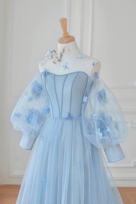 Korset putri bunga 3D biru muda gaun pesta ulang tahun A-line dengan lengan Puff untuk gaun malam wanita gaun pernikahan 2024