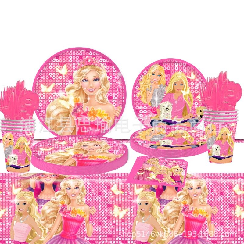 New Barbie Themed Party Decoration Pink Cartoon Happy Princess Girl Disposable Tableware Set Balloon Baby Shower Party Supplies