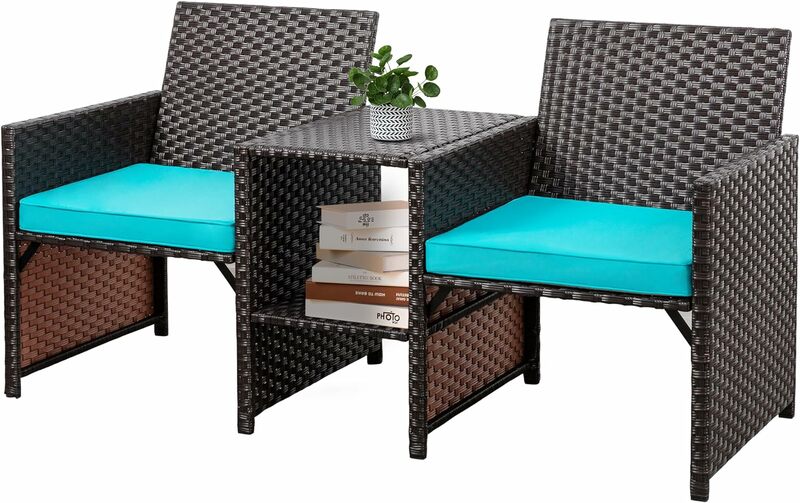 Outdoor Rotan Loveseat, Rieten 2-zits Patio Conversatiemeubilair Set Met Ingebouwde Tafel En Afneembare Kussens Voor Balkon