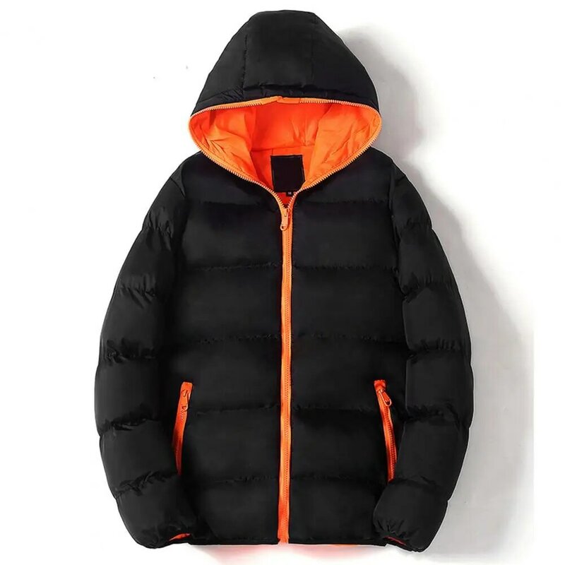 Men Winter Padded Jacket Hooded Drawstring Long Sleeve Cotton Coat Pockets Zipper Placket Slim Thickened Warm Coat