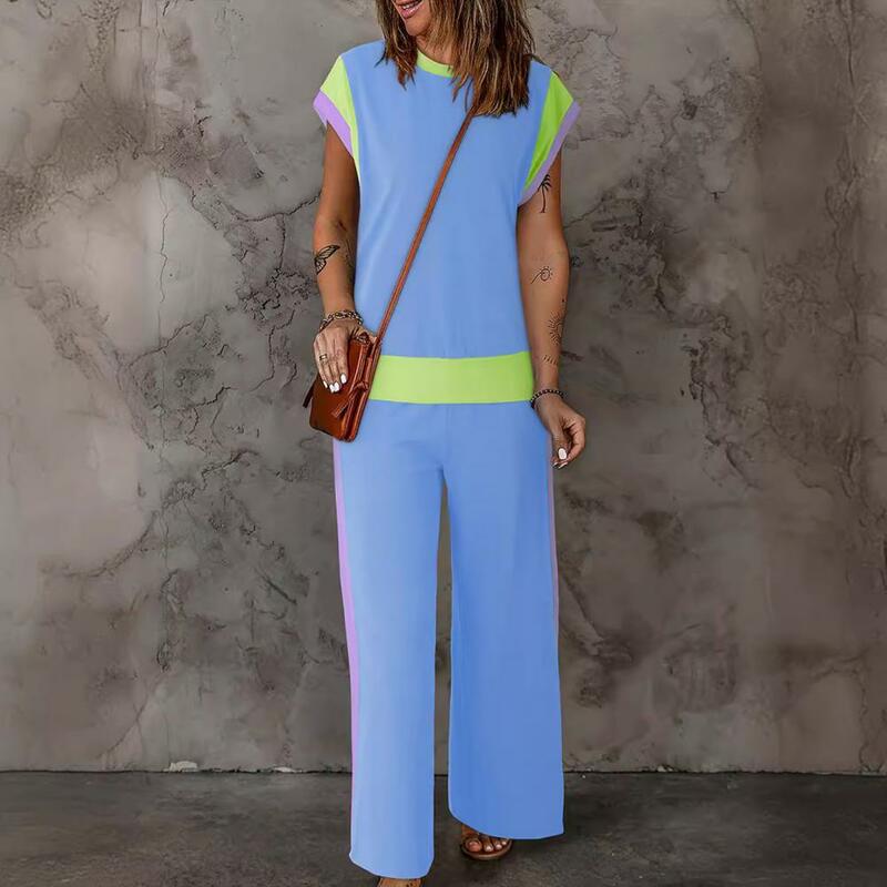 Women Color-blocked Suit Set Women's Top Wide Leg Pants Set for Outfit Loose O Neck T-shirt with Color Matching Bottoms Sporty