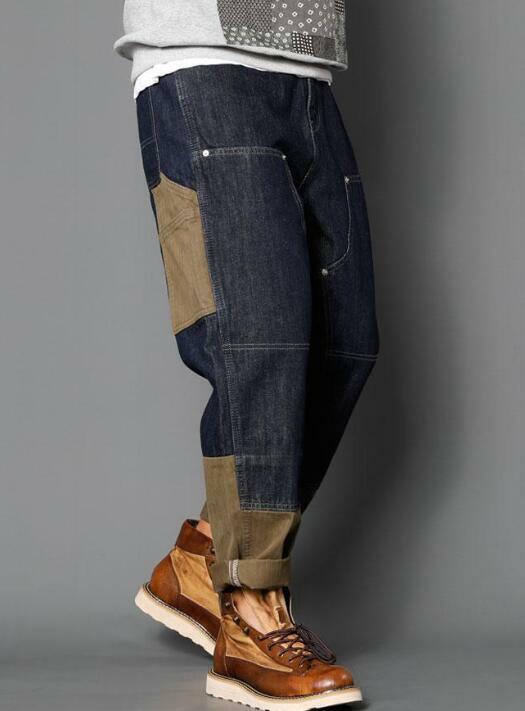 Calça jeans de perna reta solta macia masculina, calça americana multi bolso com retalho, outono e inverno