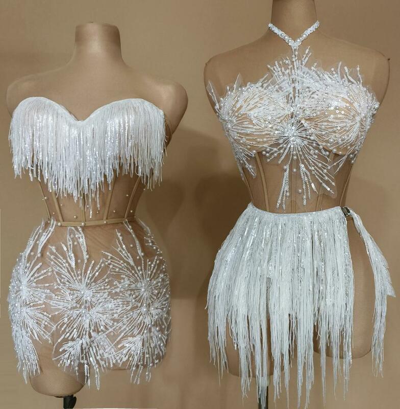 Gaun balutan pendek mutiara putih jaring tembus pandang seksi untuk wanita gaun malam Prom pesta ulang tahun pakaian pengambilan foto Shangxue