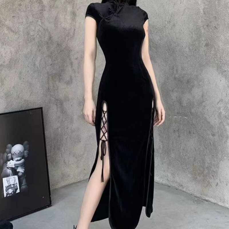 Women Bandage Dresses Solid Elegant Sexy Summer Slim Body Shaping Side-slit Chinese Style Fashion Party Streetwear Cool Girls