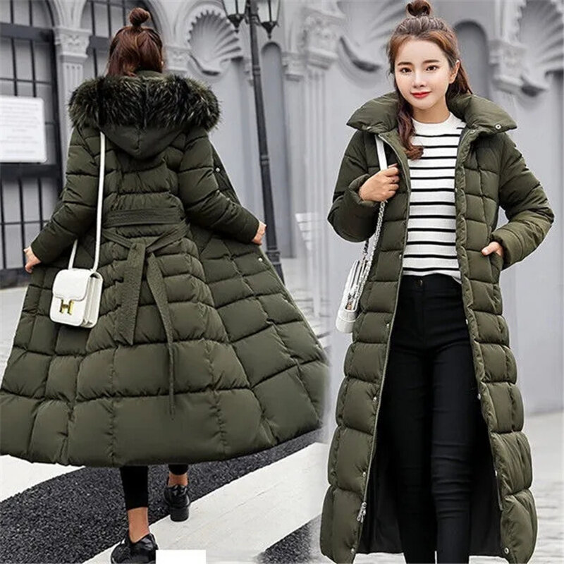 Jaket parka wanita bertudung, jaket musim dingin baru 2023, kerah bulu, mantel panjang empuk katun, pakaian luar hangat longgar Korea