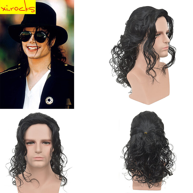 Xi-Rocks AD3499 Michael Jackson Cosplay Zwarte Pruik Michael Rollenspel Medium Lang Krullend Haar Halloween Cos Pruiken