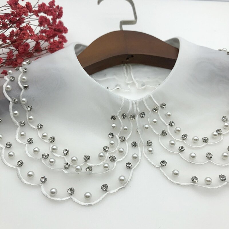 for Rhinestone Pearl Beading Fake Collar Shawl 3 Layer Organza Necklace Mini Pon N7YD