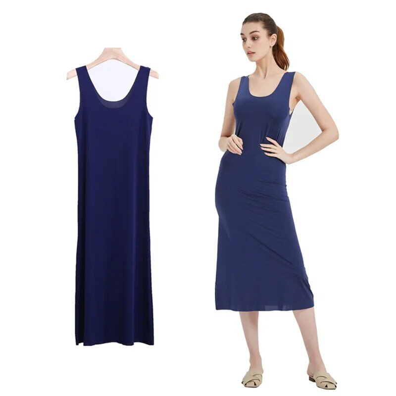 Gaun Slip Penuh Mulus Ukuran Plus untuk Wanita Musim Panas Rok Sutra Dingin Pakaian Dalam Tanpa Lengan Underkirt Gaun Slip M-5XL