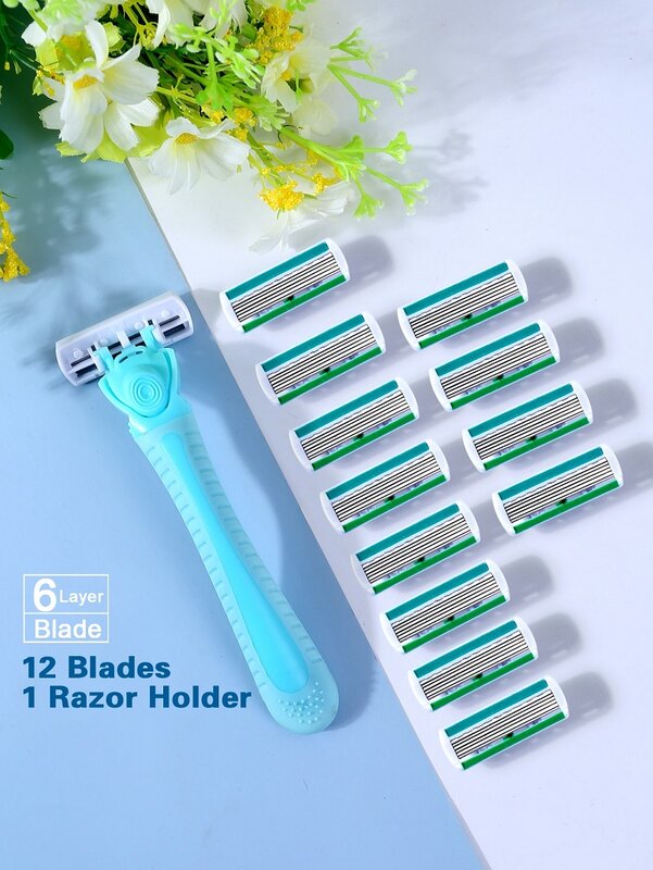 Maquinilla de afeitar de seguridad para hombres y mujeres, 1 mango + 12 cuchillas, afeitadora de depilación femenina, cabezales de repuesto