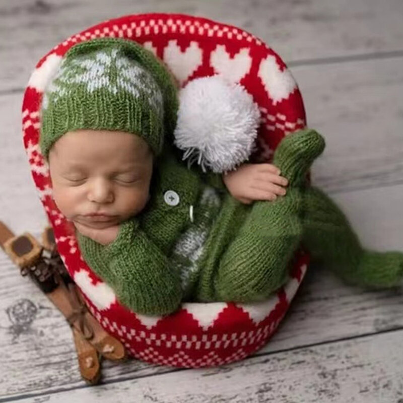 Noworodek rekwizyty do fotografii ubrania świąteczne kombinezon z dzianiny i kapelusz sesja zdjęciowa body noworodka dla dziecka