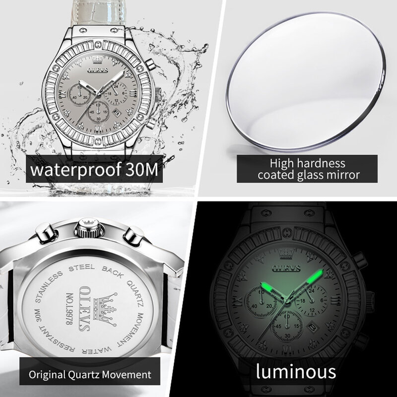 ساعة كوارتز كرونوغراف نسائية مقاومة للماء ، حزام جلدي ، تقويم مضيء ، ساعات كريستال فاخرة ، علامة تجارية للأزياء