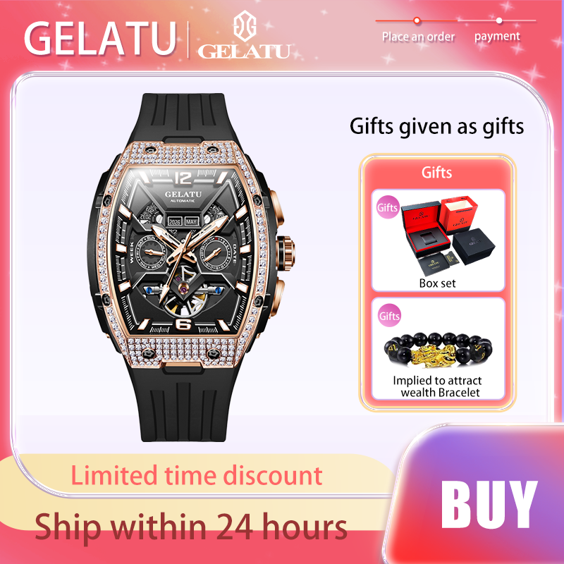 GELATU 남성용 다이아몬드 시계, 다기능 완전 자동 기계식 시계, 할로우 아웃 방수 남성 시계, 정품 럭셔리 브랜드