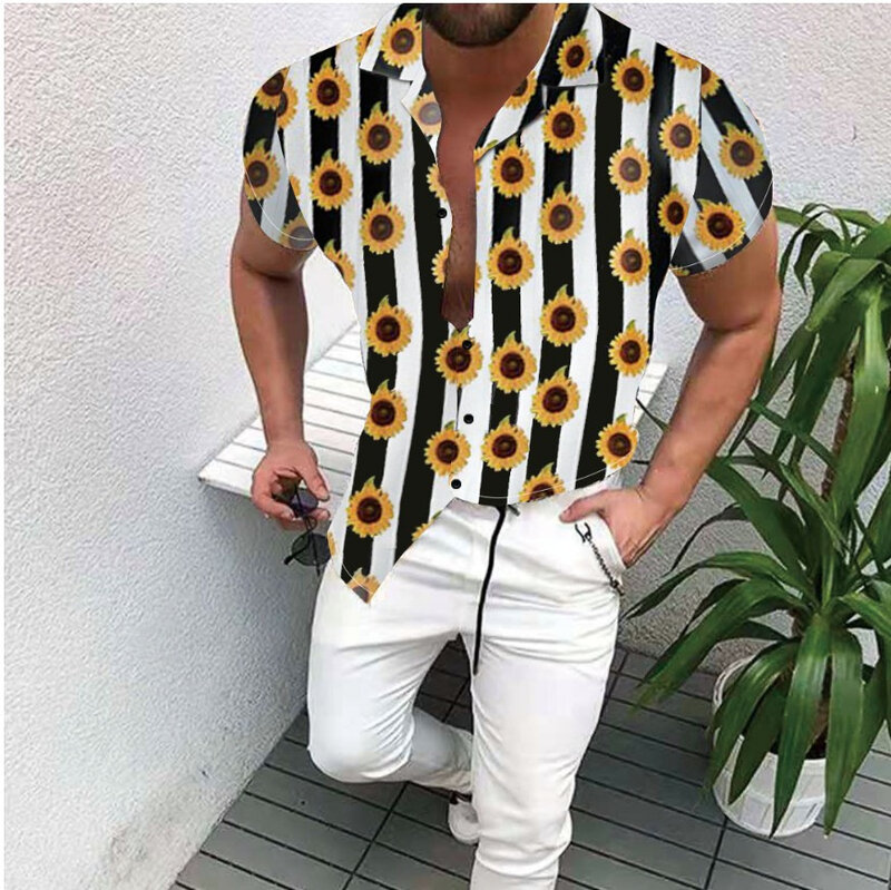 Chemise slim décontractée à manches courtes pour hommes, vêtement imprimé à la mode, à col montant, avec chaîne dorée, été 2021