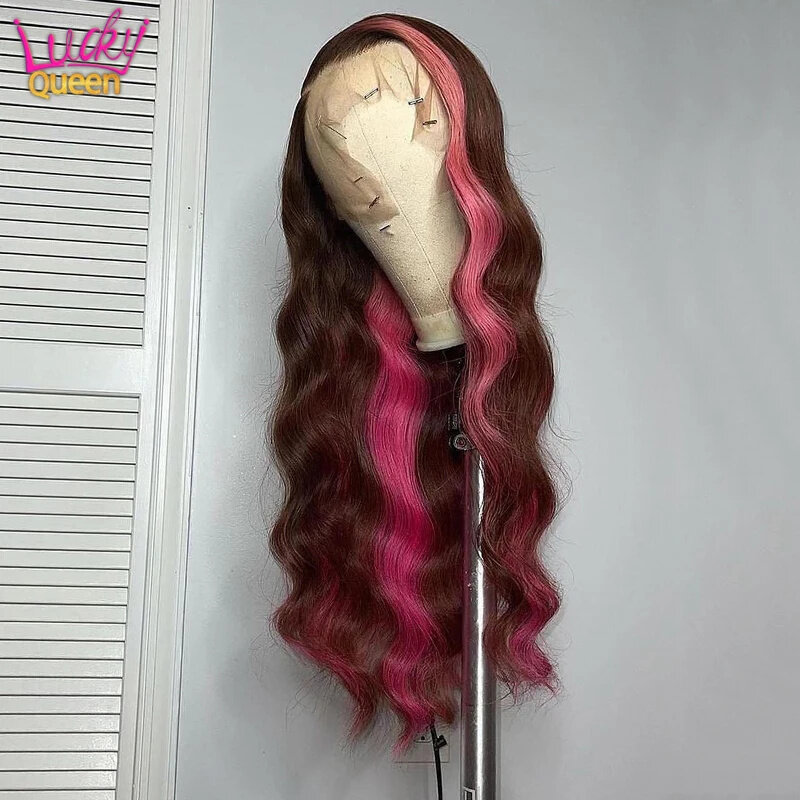 Peluca de cabello humano ondulado brasileño para mujer, postizo Frontal de encaje HD 13x4, color rosa y marrón, 28 y 30 pulgadas, prearrancado, 13x6