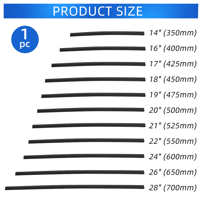 Tiras de goma de 8mm para limpiaparabrisas híbrido, 14 "a 18" de tipo híbrido para limpiaparabrisas, limpieza HD silenciosa, 16 ", 18", 22 ", 24", 26 "y 28"