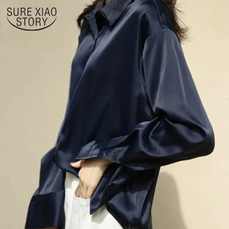 Blusa de seda vintage com botões, camisa de cetim, tops soltos, manga comprida, roupas da moda, primavera, outono, lady, 11355