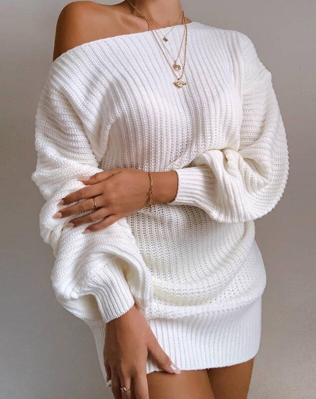 Solid Color Casual and Fashionable Women's Winter Sweater Cold Shoulder Lantern Sleeve Knit Dress