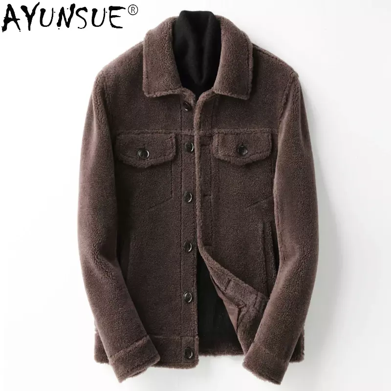 AYUNSUE-Veste en peau de mouton Mars pour homme, manteau de fourrure, veste en cuir tout-en-un, laine d'agneau, vêtements d'hiver