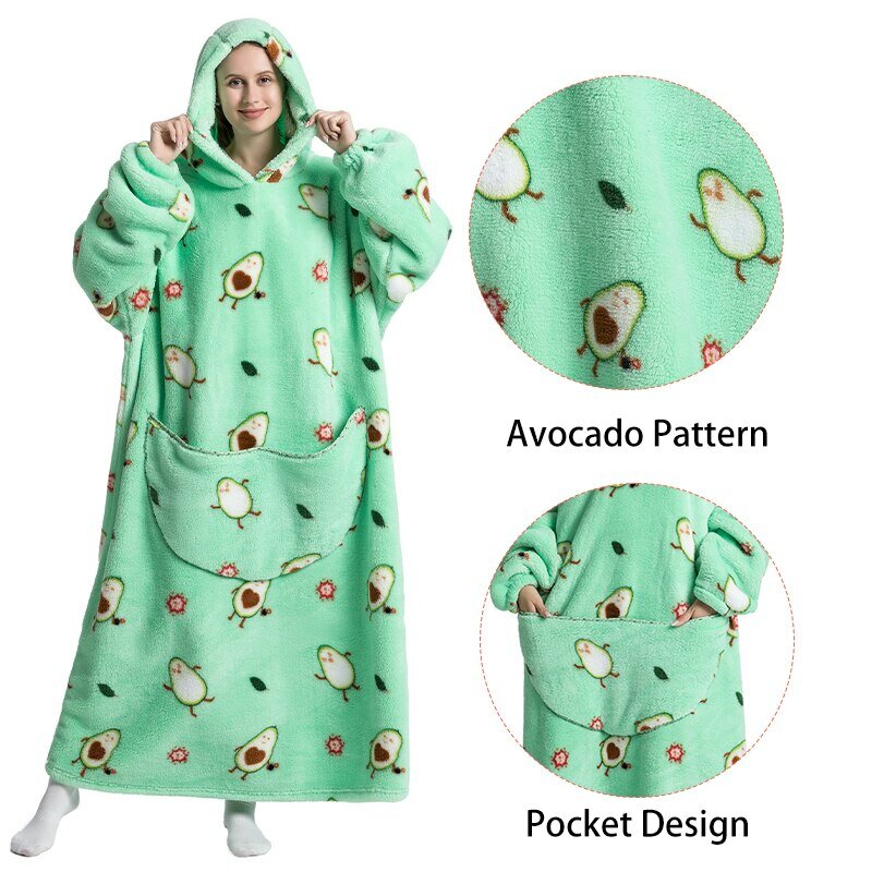 Super Longo Oversized Homewear Cobertor Hoodie Para Adultos Wearable Cobertores Roupas de Inverno Velo Avocado Mulheres Camisola