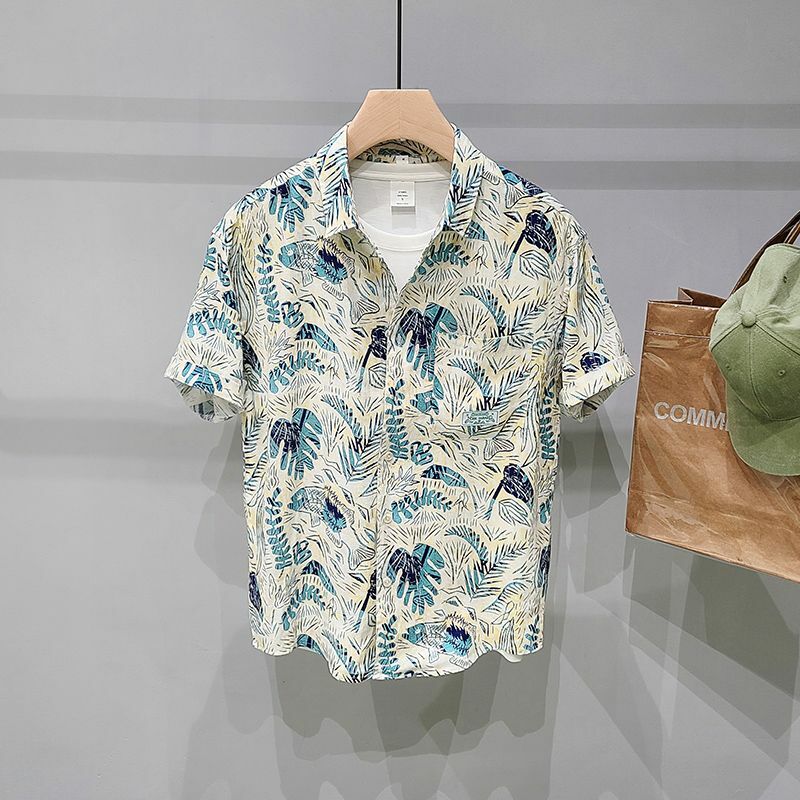 Cardigan de botão casual masculino com bolsos, camisa de manga curta, top patchwork, moda de rua alta, estampada, gola virada para baixo, novo, verão, Y2K